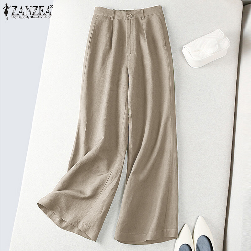 ZANZEA Women Wide Leg Solid Long Pants Elastic Waist Casual Office Cargo Chino Trousers #2