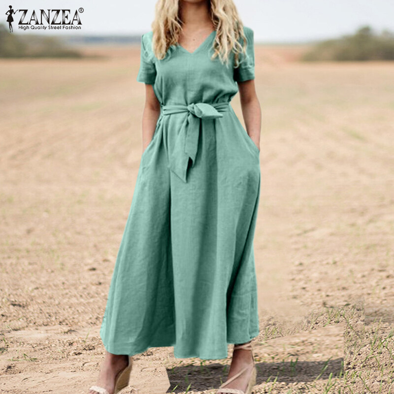 ZANZEA Women Summer Short Sleeve V Neck Belted Cotton Dress Casual Maxi Dresses